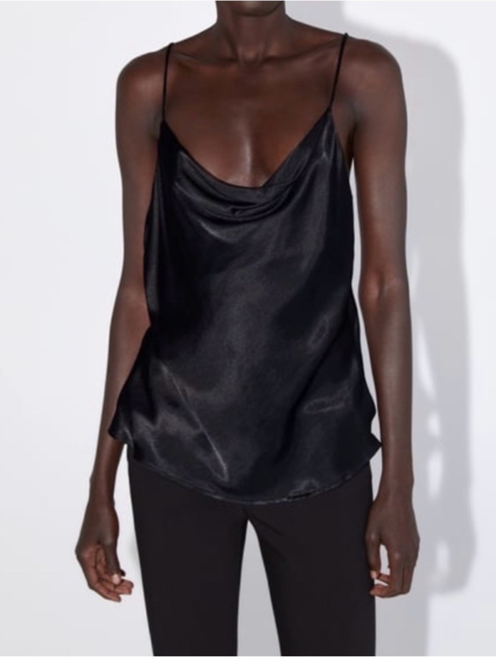 NWT ZARA Women’s Black Satin Effect Top Full Slip Slender Strap cowl neck Size M